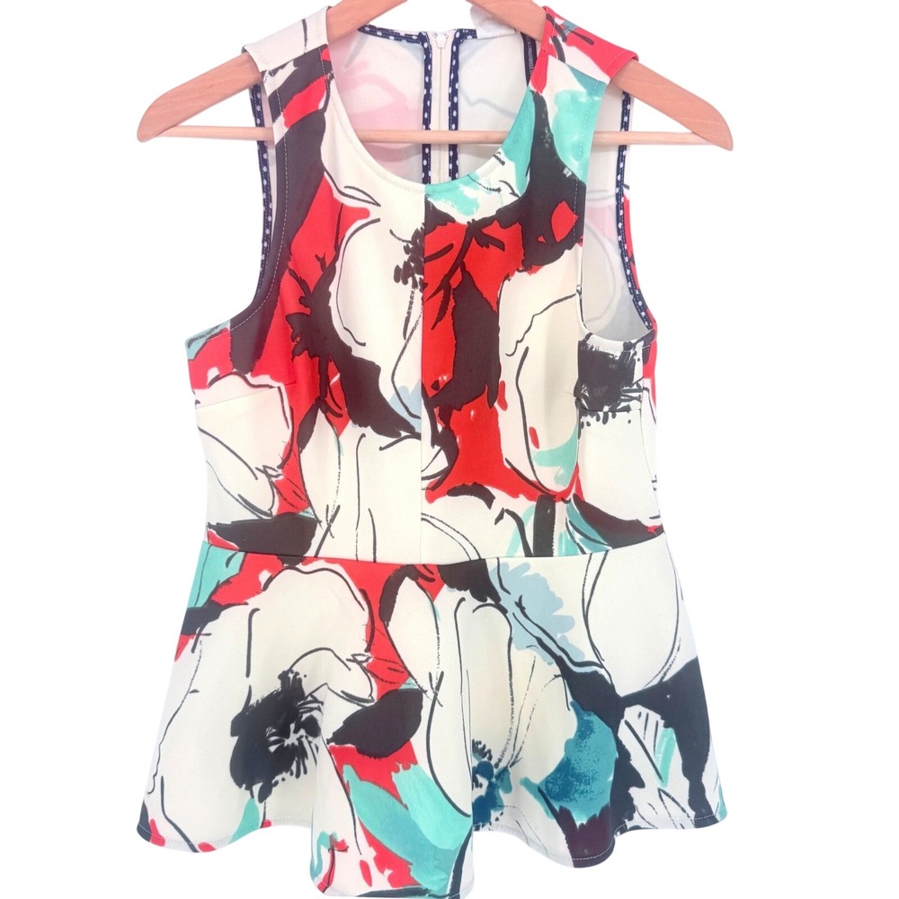 Anthropologie Floral Peplum Top Sleeveless Red Teal Size Small S/P Avant Garde
